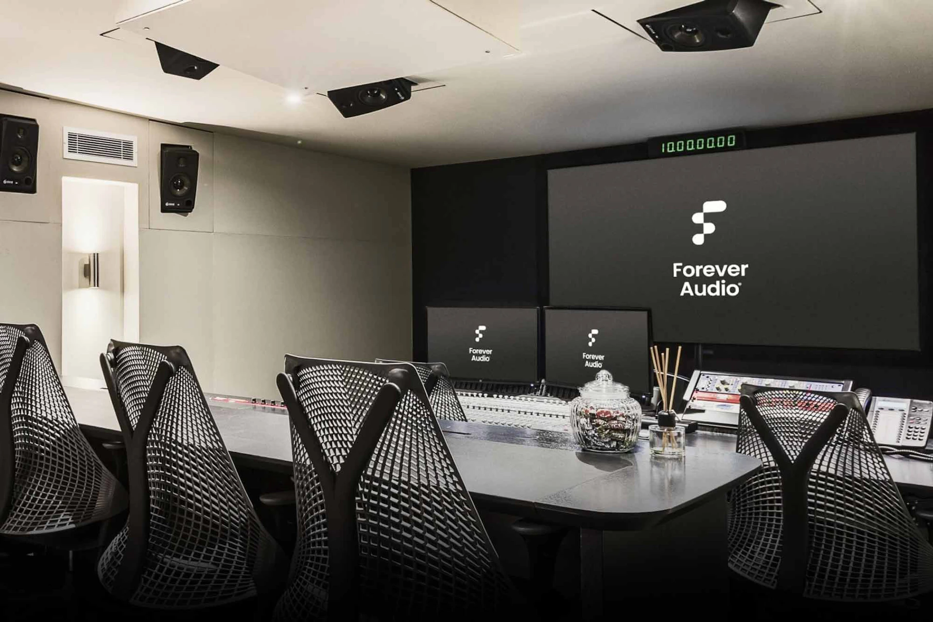 Cinema Mix Studio chairs screens Forever Audio logos